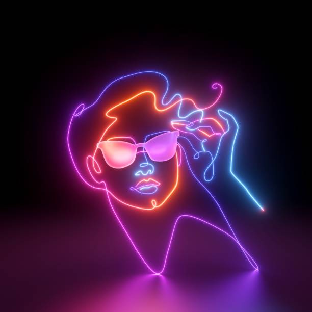 istock 3d render, abstract colorful neon woman portrait, linear art over black background 1397018496