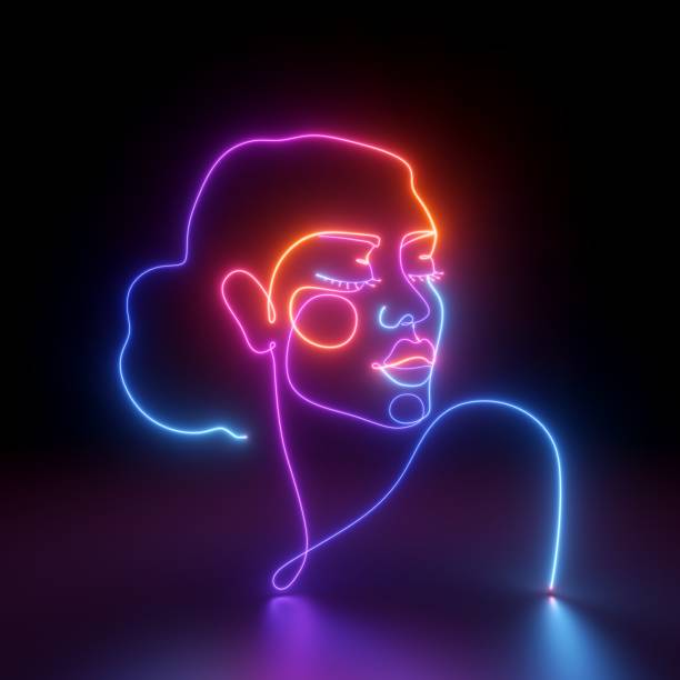 3d render, abstract linear art portrait of a woman, glowing with colorful neon light over black background stock photo