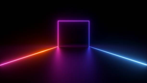 istock 3d render, abstract black background with red pink blue neon geometric line glowing in ultraviolet spectrum, square frame 1397018531