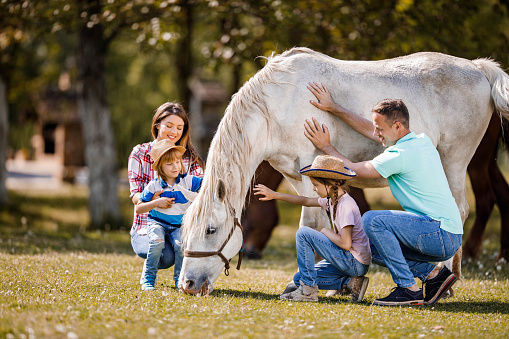 Young happy family bonding with a horse in nature. Copy space.