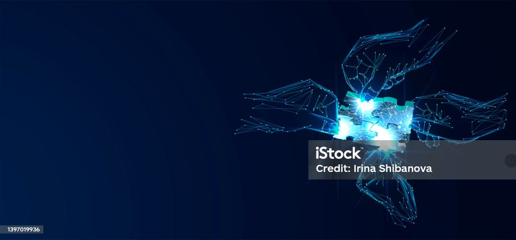 Hands and Puzzle. Low poly mesh wireframe. Business strategy, success solution, jigsaw games symbol. Idea metaphor. Creative idea, connection, challenge, join us concept"t Technology Stock Photo
