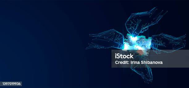 Hands And Puzzle Low Poly Mesh Wireframe Business Strategy Success Solution Jigsaw Games Symbol Idea Metaphor Creative Idea Connection Challenge Join Us Conceptt Stock Photo - Download Image Now