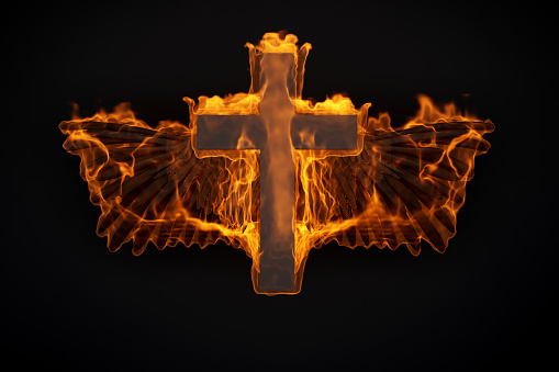burning bird wings with black cross on a black background. 3d rendering
