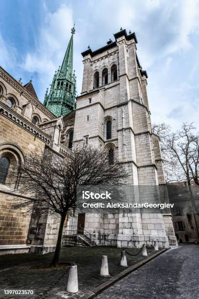 Street And Tower Of St Pierre Church In Geneva Switzerland Stock Photo - Download Image Now