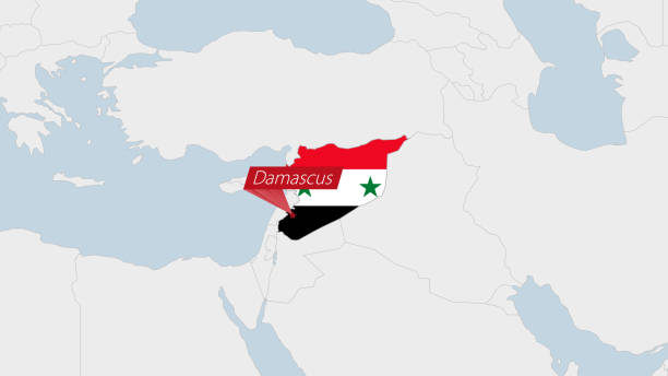 mapa syrii podświetlona w kolorach flagi syrii i szpilce stolicy kraju damaszku. - syria map cartography damascus stock illustrations