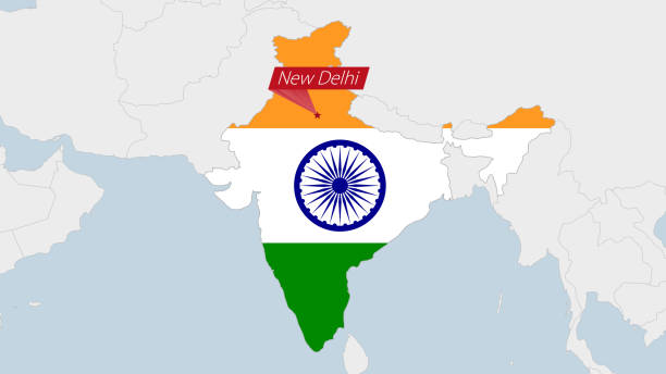 индия карта выделена в индии цвета флага и булавку столицы страны нью-дели. - india capital cities new delhi map stock illustrations