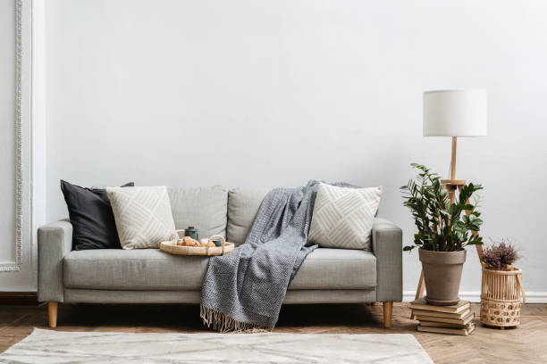 istock Breakfast tray with tea and croissant on couch 1397025493