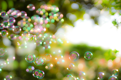 Soft Focus colorful soap bubbles bokeh on nature background.