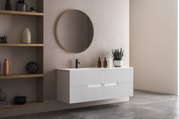 istock Modern bathroom interior with beige and white walls, 1397026372