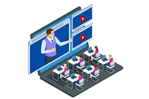 Isometric concept of distance school learning. E-learning, online education at home. Digital classroom online education.