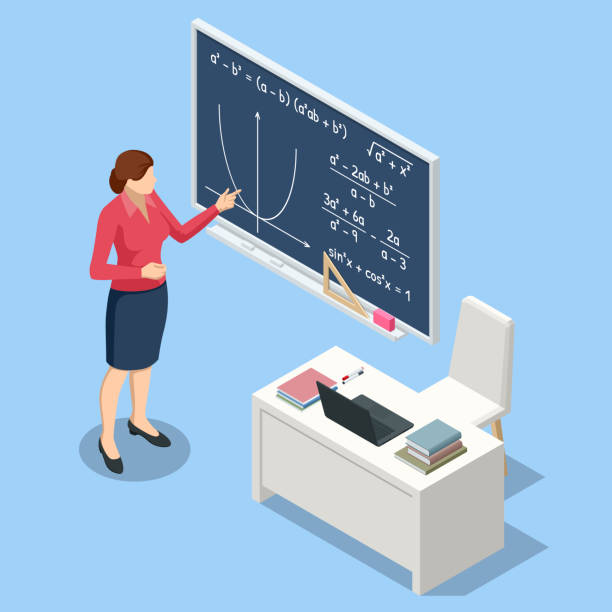 Isometric concept of math and geometry lesson, studying. Personalised learning. E-learning, online education. Algebra, geometry, statistics, basic maths. vector art illustration