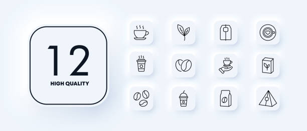음료 세트 아이콘입니다. 컵, 차, 커피, 곡물, 티백, 라떼, 카푸치노, 코코아, 커피 브레이크. 자바 개념. 신형 스타일. 비즈니스 및 광고에 대한 벡터 라인 아이콘 - 5545 stock illustrations