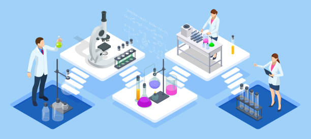 Isometric Chemical Laboratory concept. Molecular Biology Technics Laboratory. In a laboratory scientific or technological research, experiments, and measurement may be performed. Isometric Chemical Laboratory concept. Molecular Biology Technics Laboratory. In a laboratory scientific or technological research, experiments, and measurement may be performed life science lab stock illustrations