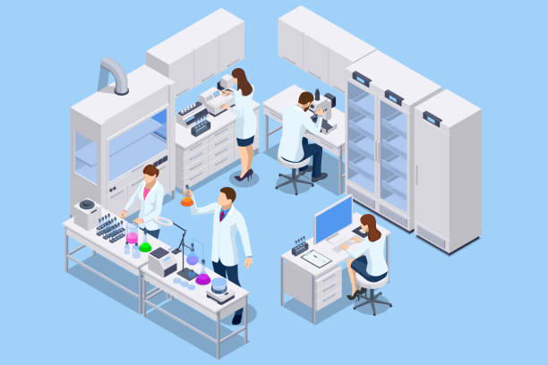 Isometric chemical laboratory concept. Laboratory assistants work in scientific medical chemical or biological lab setting experiments. Isometric chemical laboratory concept. Laboratory assistants work in scientific medical chemical or biological lab setting experiments science lab stock illustrations