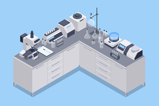 Isometric chemical laboratory concept. Laboratory assistants work in scientific medical chemical or biological lab setting experiments