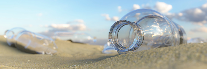 Plastic bottles washed up on a beach concept littering the environment 3d render