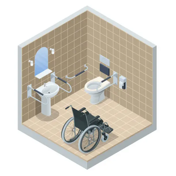 Vector illustration of Isometric modern restroom for disabled people. Bathroom for the elderly and disabled, with grab bars and wheelchair access