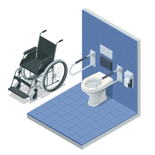 Vector illustration of Isometric modern restroom for disabled people. Bathroom for the elderly and disabled, with grab bars and wheelchair access