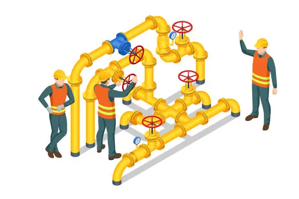 Vector illustration of Isometric Valves and Piping, Communications, Stop Valves, Appliances for Gas Pumping Station. Gas industry, gas transport system. Transportation, delivery, transit of natural gas.