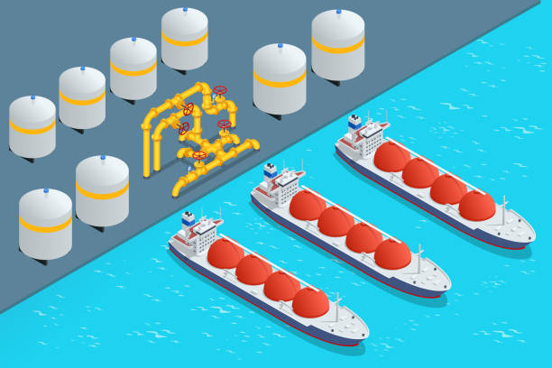 Isometric Tanker loading Liquefied Natural Gas at trading terminal. Transportation, delivery, transit of natural gas vector art illustration