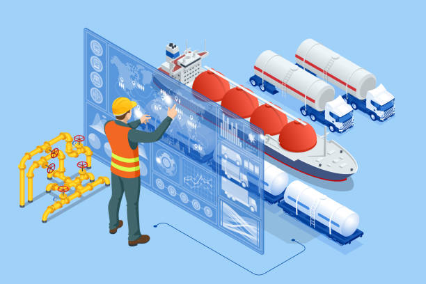 isometrischer tanker lädt flüssigerdgas am handelsterminal. transport, lieferung, transit von erdgas - liquefied natural gas stock-grafiken, -clipart, -cartoons und -symbole