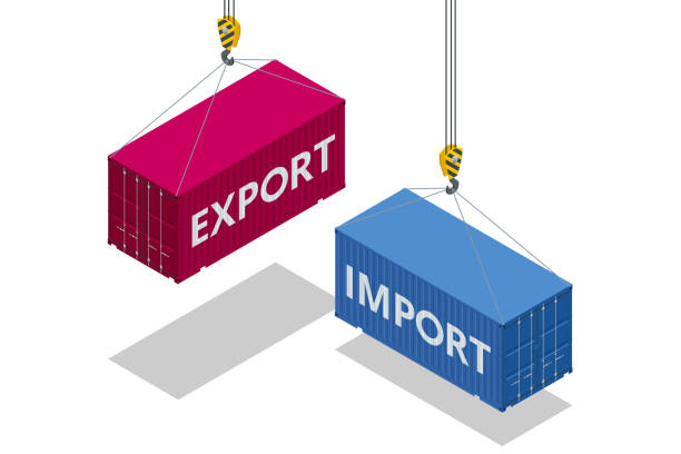 bildbanksillustrationer, clip art samt tecknat material och ikoner med isometric global trade, distribution and logistics. goods and services import, export control, sales. maritime port crane lift two red cargo containers with import and export words. - harbour windy