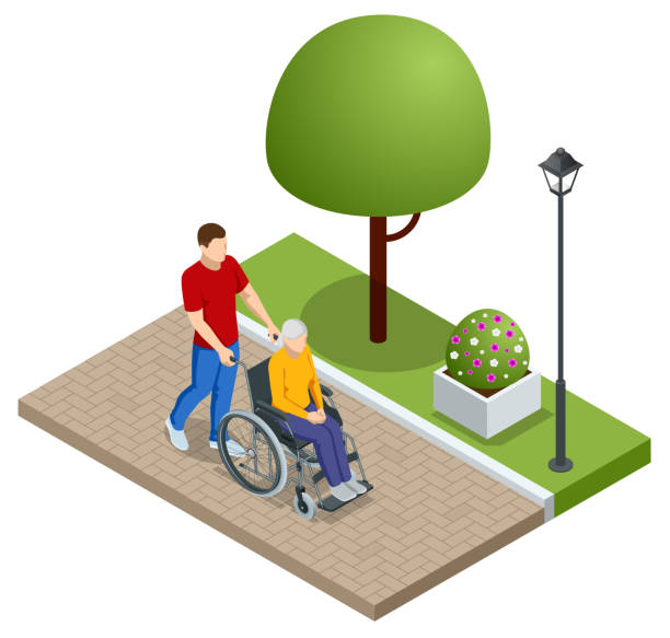 isometrischer sohn, der mit einem behinderten vater im rollstuhl im park spazieren geht. hilfe, rehabilitation und gesundheitsversorgung. - men chair wheelchair sport stock-grafiken, -clipart, -cartoons und -symbole