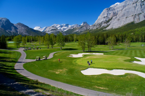A high view of Kananaskis Golf Course in the Alberta Rockies.