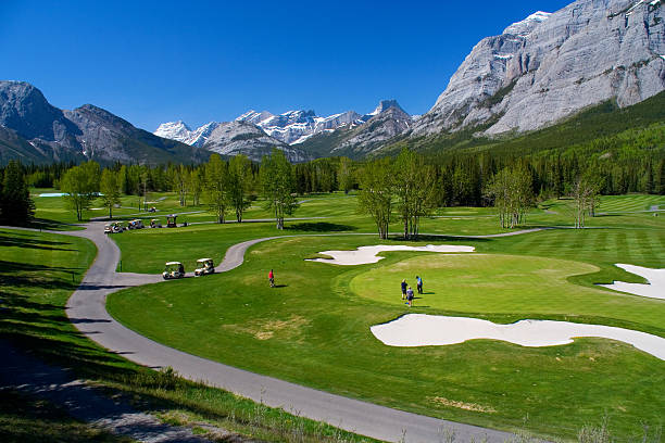 Kananaskis Golf Course A high view of Kananaskis Golf Course in the Alberta Rockies. kananaskis country stock pictures, royalty-free photos & images