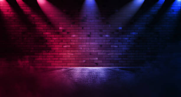 istock Rays neon light on neon brick wall with smoke 1397029824