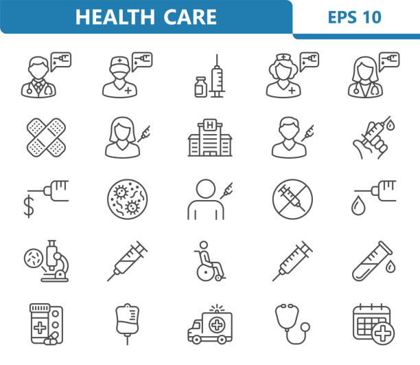ikony zdravotní péče. zdravotní péče, nemocnice, sada lékařských ikon - injekce aktivita stock ilustrace