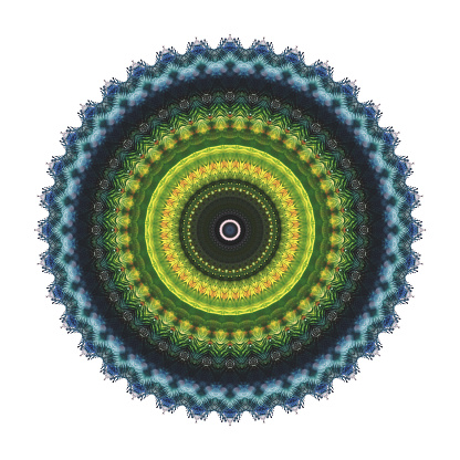 Isolated on white yellow, green and blue watercolor painted round kaleidoscopic canvas. Fine abstract multicolor symmetric circle painting. Artistic multicolored watercolour drawn mandala.