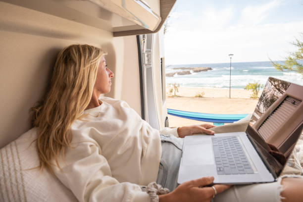 istock Woman working online from her Campervan 1397033975