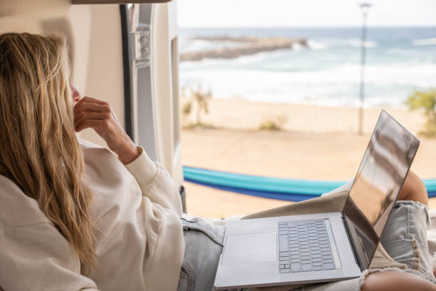 istock Woman working online from her Campervan 1397034005