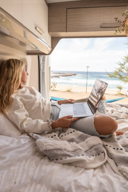 istock Woman working online from her Campervan 1397034015