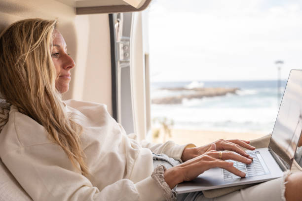 istock Woman working online from her Campervan 1397034029