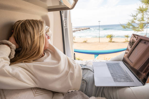 istock Woman working online from her Campervan 1397034045