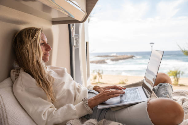 istock Woman working online from her Campervan 1397034048
