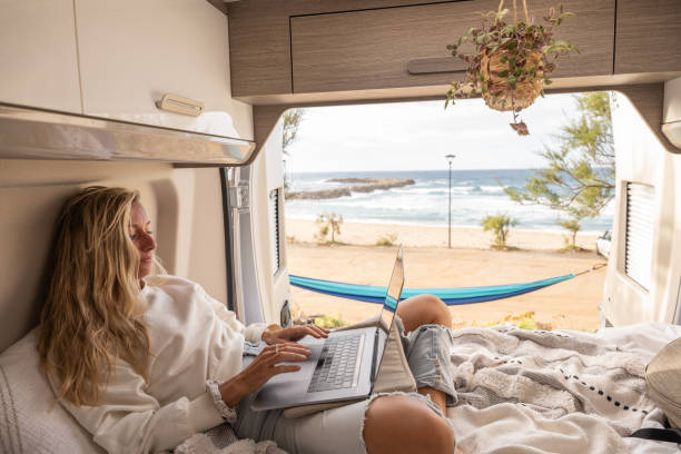 istock Woman working online from her Campervan 1397034054