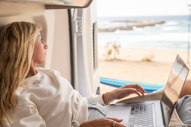 istock Woman working online from her Campervan 1397034164