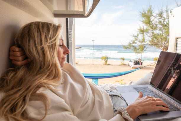 istock Woman working online from her Campervan 1397034195