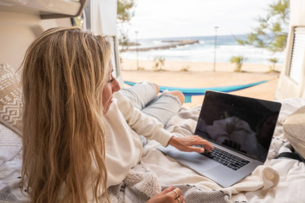 istock Woman working online from her Campervan 1397034214
