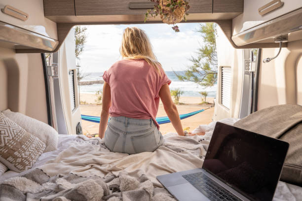 istock Woman working online from her Campervan 1397034383