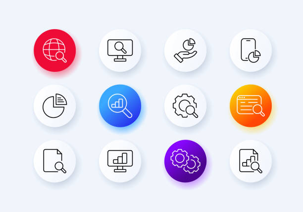 ilustrações, clipart, desenhos animados e ícones de ícone do conjunto infográfico. pesquisar e definir botões. configuração e busca de arquivos, imagens, dados. lupa, equipamento. conceito de análise de dados. estilo neomorfismo. ícone da linha vetorial para negócios e publicidade - 5563