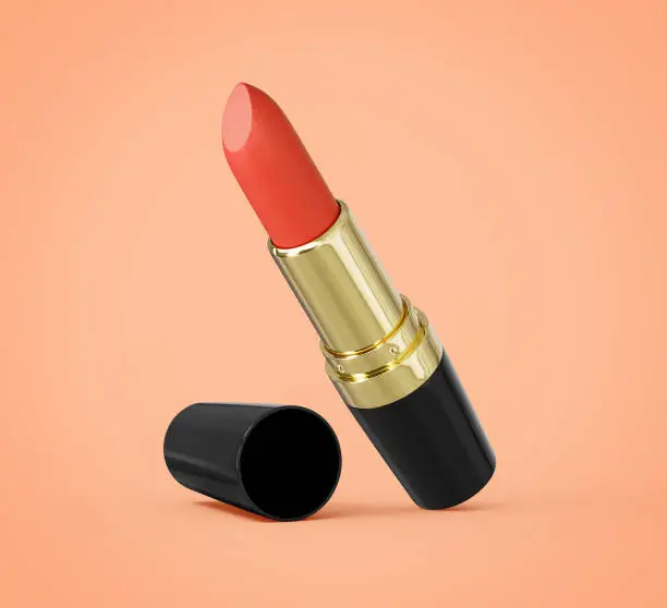 Photo of Bright lipstick on colorful background. Professional makeup product 3d illustration