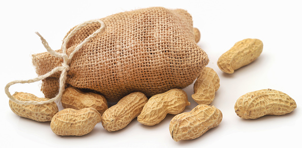 Fresh Peanuts in sack over white background