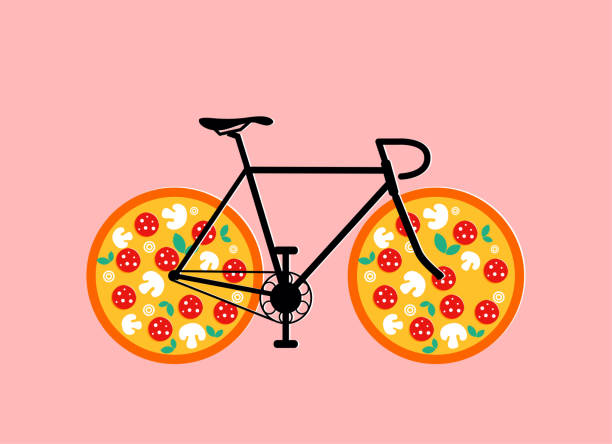 istock Pizza delivery bicycle funny concept with pizzas instead of wheels isolated on pink background. Food delivery concept. Vector illustration 1397036881