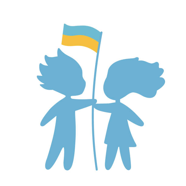 Ukrainian kids holding the flag of Ukraine vector simple illustration: boy and girl holding Ukrainian flag, stand for Ukraine ukraine war stock illustrations