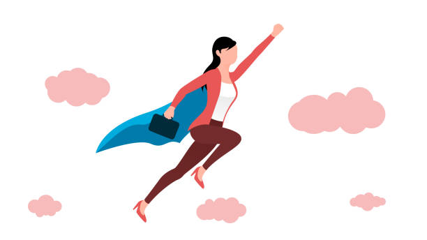 ilustraciones, imágenes clip art, dibujos animados e iconos de stock de mujer volando en pose de superhéroe con maletín, ilustración vectorial de personajes de negocios sobre fondo blanco. - superhero flying heroes business