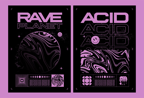 Abstract rave poster or flyer design template with abstract pink liquid acid textures and elements on black background. Vector eps 10 illustration
